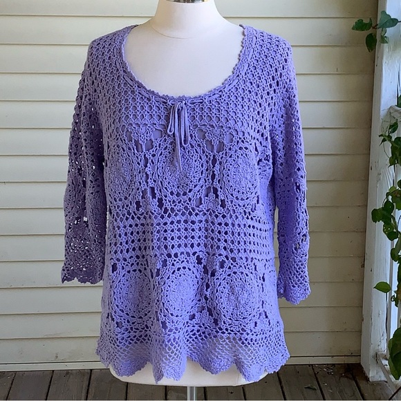 Crochet Open Knit Sweater Women’s L Lavender Purple Roamans Boho Beach Whimsy - Picture 1 of 6